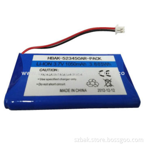 Rechargeable Li-ion battery 523450 with PCB prismatic cell, 3.7V, 1,050mAh